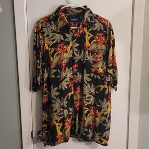 Puritan Mens Hawaiian Aloha Shirt Sz M Black Red Yellow Floral Tropical Camp
